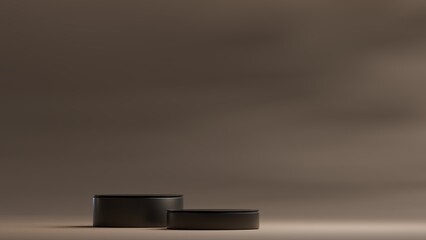 Black empty podium or pedestal for product presentation on two floors, showcase of product. Round mockup platform on pastel brown background. 3d rendering	
