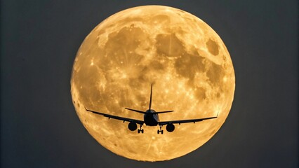 Against a dark night sky, a passenger jet is prominent in silhouette against a glowing full moon, showcasing the scale contrast and the act of flight, representing the visual appeal of aviation and