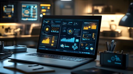 Laptop displaying futuristic data analytics dashboard with various graphs and charts in a dimly lit office setting.  Surrounded by other screens and tech accessories.