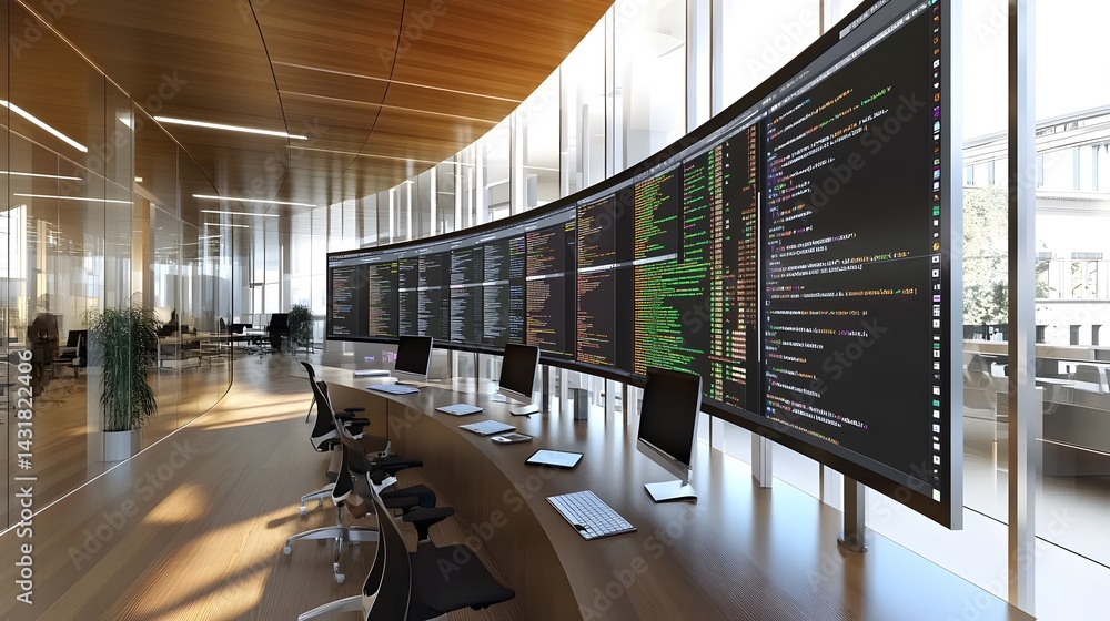 Poster modern, sunlit office with a curved wall of monitors displaying lines of code. workstations with erg