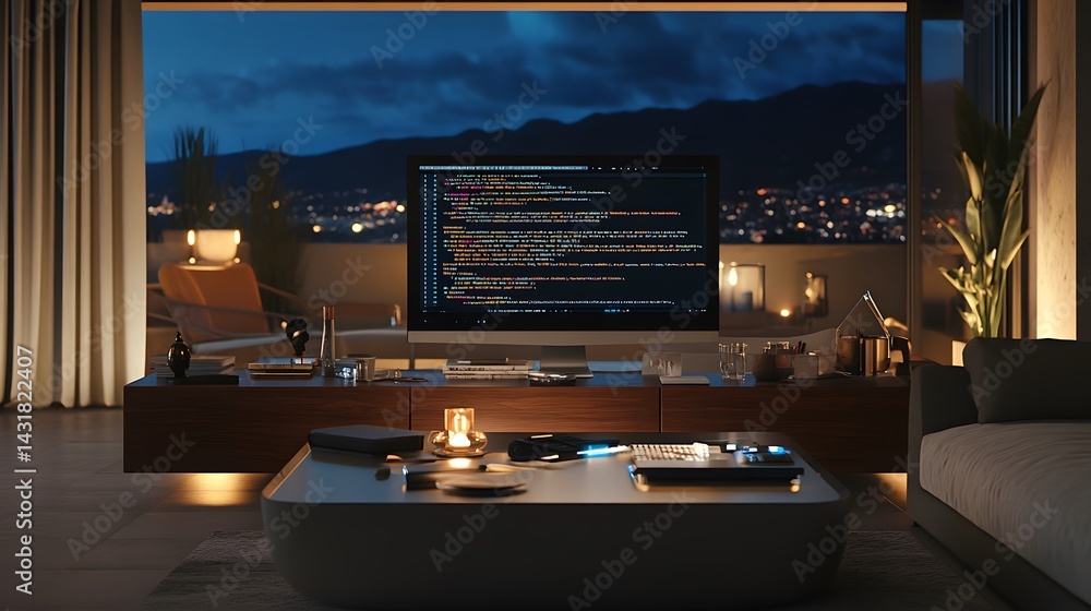 Aufkleber night view of a modern living room with a computer displaying code, illuminated by warm lighting. ci