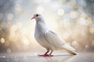 Fototapeta premium Peaceful White Dove Isolated on White Background with Bokeh, Soft Focus, Elegant Bird Photography