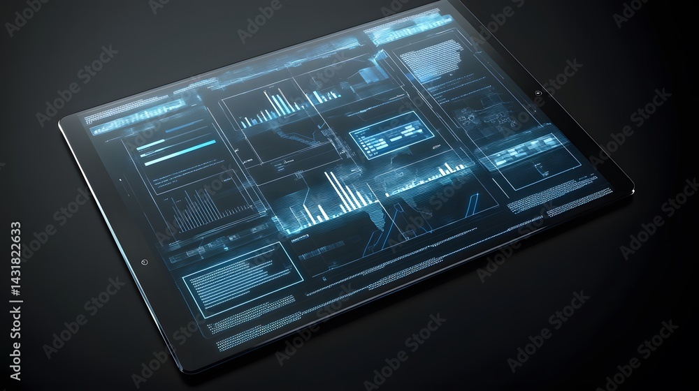 Poster a futuristic tablet displays various data charts and graphs, illuminated in vibrant blue hues agains