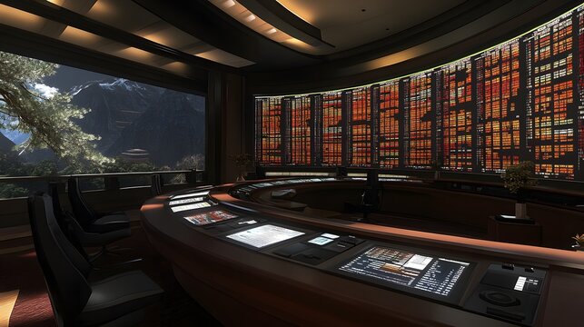 Futuristic trading room with a curved wall of data screens displaying stock market information. Large windows overlook a scenic mountain landscape.