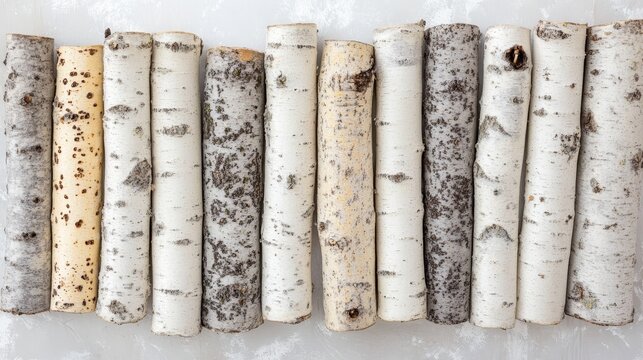 A minimalistic arrangement of aspen tree trunks with varying colors and textures, displayed in a row on a light background