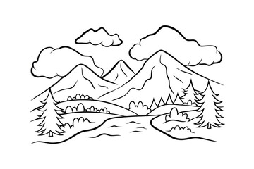 Mountain landscape scene with river clouds trees and hills vector line art illustration