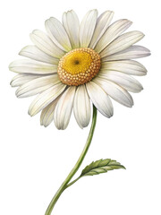 Elegant Botanical Illustration of a Single White Daisy with Yellow Center and Stem