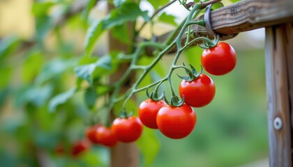 Tomato vine stretching across a support structure with vibrant red fruits hanging down and soft bokeh background, high resolution