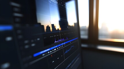 Close-up of a computer screen displaying video editing software interface with audio waveforms and graphs. Sunset city view reflected on the screen.