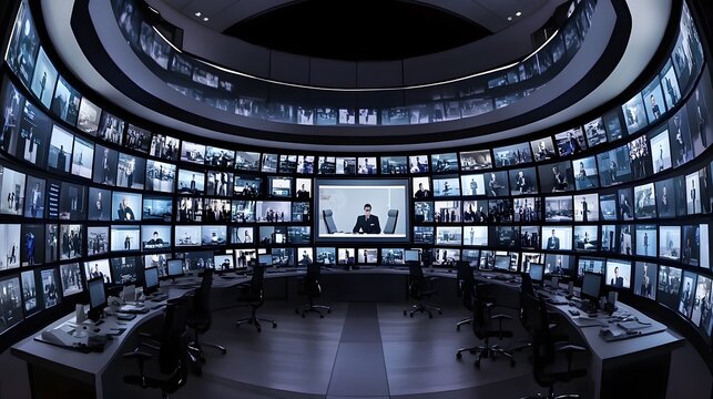 A modern surveillance room with numerous screens displaying various video feeds.