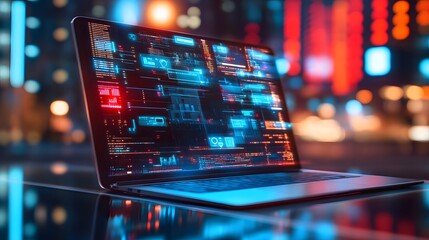 Laptop displaying futuristic digital data streams and code against a blurred city night backdrop.  Cyberpunk aesthetic.  Modern technology concept.