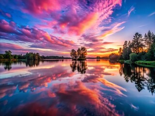 Fototapeta premium Pink Clouds Reflecting on Calm Lake with Trees - Serene Nature Scene