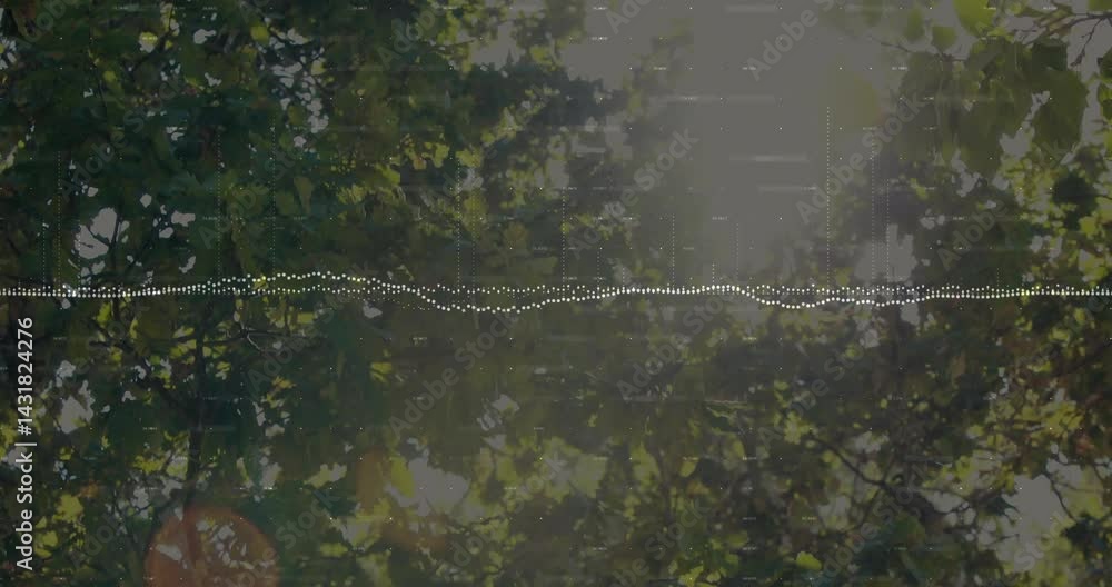 Poster audio waveform floating over green canopy, showing numeric labels with dotted grid lines