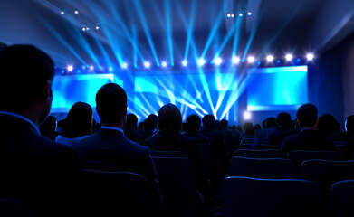 Audience watching a corporate event or conference in a dark auditorium illuminated by dramatic blue stage lighting.
