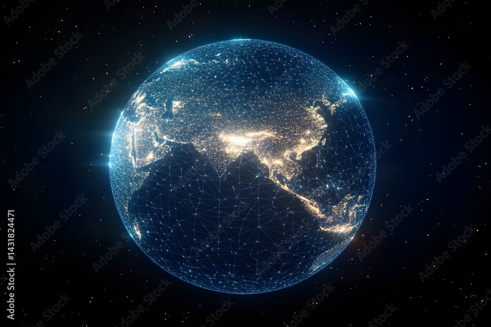 Poster 3d rendering of a glowy polygonal grid planet on dark background. globe, international map, communic