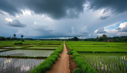 Naklejka premium Pathway between flooded rice paddies with dramatic clouds overhead casting deep shadows on the vibrant greenery, high resolution