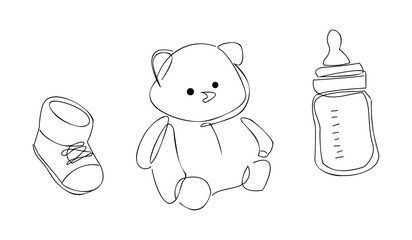Baby essentials line art with bootie, teddy bear, and bottle illustrations