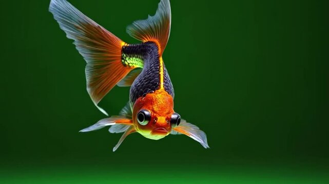 Elegant Black and Orange Telescope Goldfish Swimming Gracefully with Flowing Fins Against Deep Green Water Emphasizing Exotic Aquarium