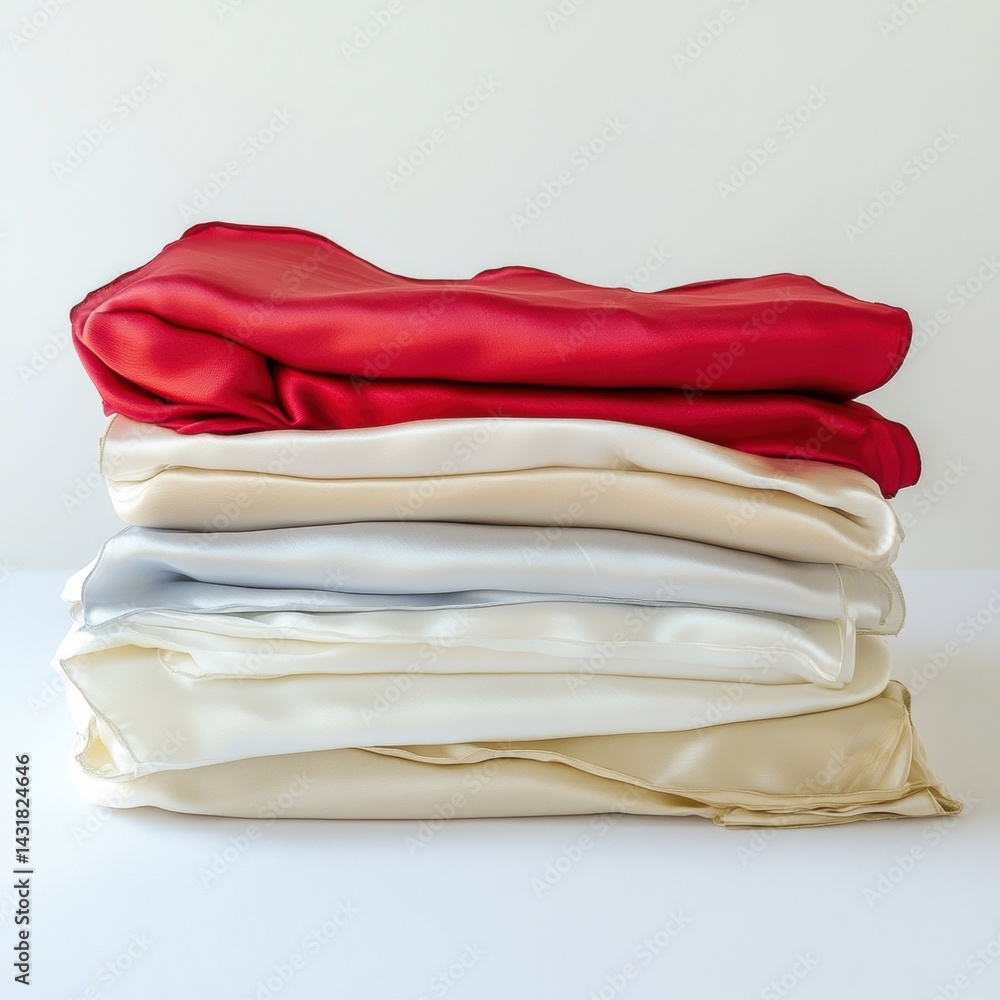 Poster neatly folded silk linens arranged at a 45 degree angle against a white background in a well-lit set