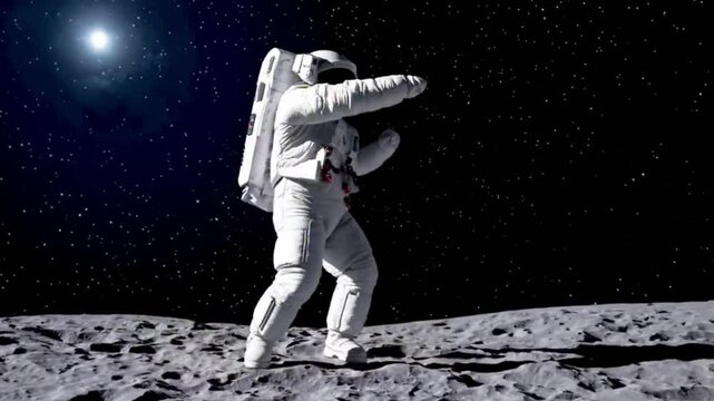 Astronaut Walking on the Surface of the Moon Kicking Lunar Dust into the Air Under a Star-Filled Sky with Distant Sunlight Illuminating the Vast Space Environment