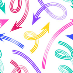 Fototapeta premium Seamless pattern of colorful textured arrows pointing in various directions on a white background.