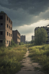 Overgrown Path Between Abandoned Buildings in Urban Exclusion Zone