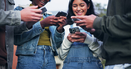 Phone, group and friends networking on social media, mobile app or network for streaming online. Community, people and students sharing data, music or internet news in circle for communication
