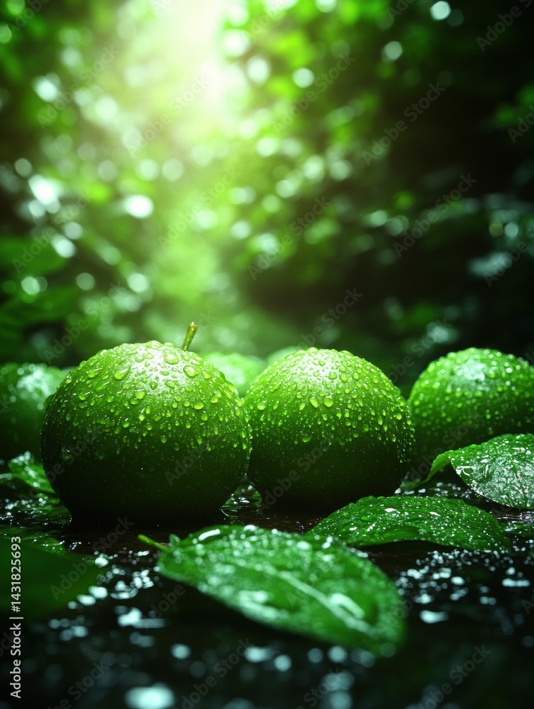 Poster fresh green limes resting on wet leaves in a spring setting with sunlight filtering through foliage 