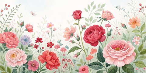 Watercolor Floral Meadow Roses, Peonies and Delicate Blooms, Botanical Illustration, Romantic Garden, wallpaper, floral art Floral wallpaper, Botanical print