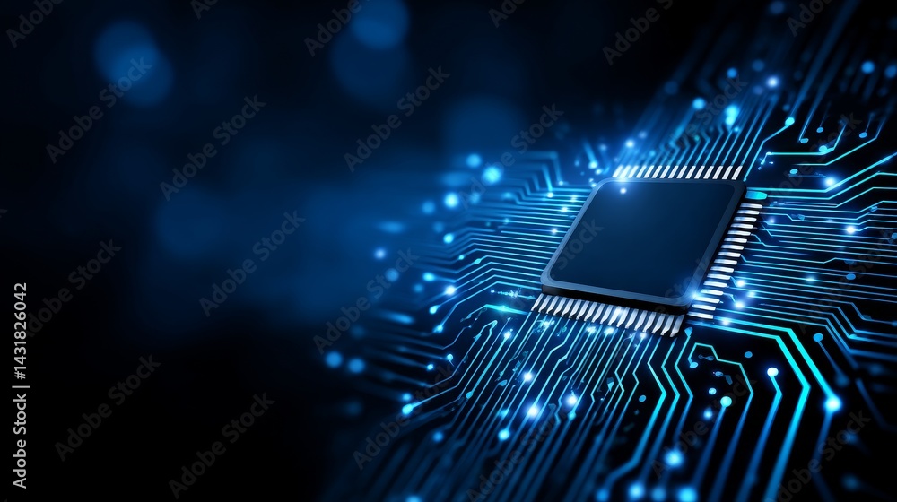 Poster advanced microchip technology - close-up of a microchip on a circuit board, showcasing intricate tec