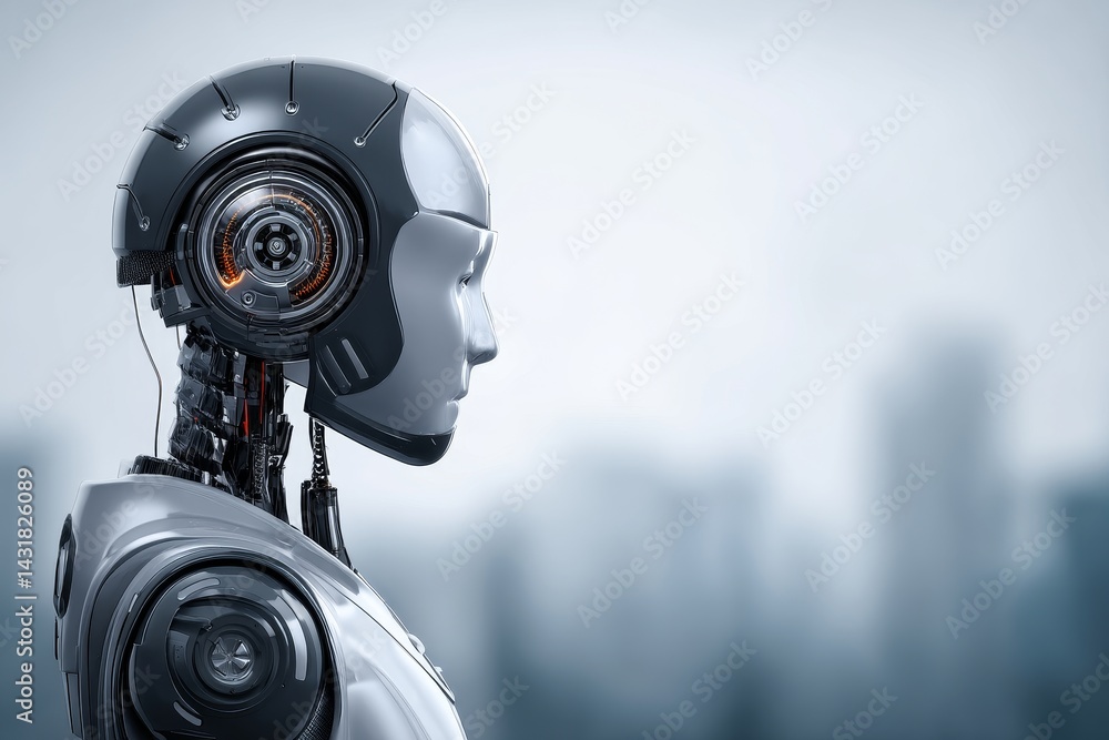 Poster advanced robotic head profile - close-up profile view of a sophisticated humanoid robot, showcasing 