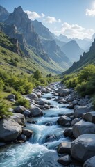 A serene rocky mountain stream flowing through a lush green valley surrounded by vibrant nature Generative AI