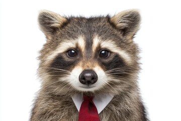 Obraz premium Raccoon dressed in a business suit with a red tie presents a professional portrait isolated on white background