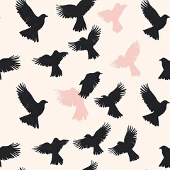 Obraz premium Elegant Seamless Pattern of Flying Birds: Black and Pink Avian Design for Fashion, Textile, and Wallpaper