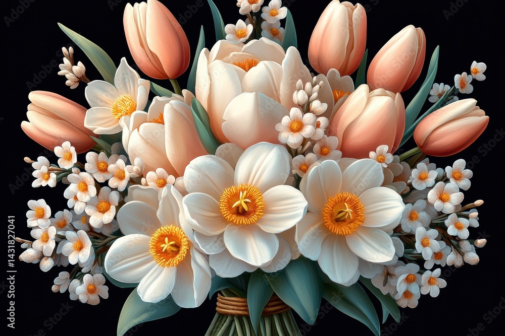 Poster spring bouquet featuring tulips and daisies with ample space for text overlay