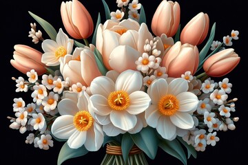 Obraz premium Spring bouquet featuring tulips and daisies with ample space for text overlay