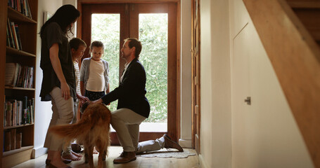 Goodbye, door or businessman with kids in house for welcome, affection or return from work trip. Support, parents and dad in home for leaving, farewell and bonding together with family, dog and love