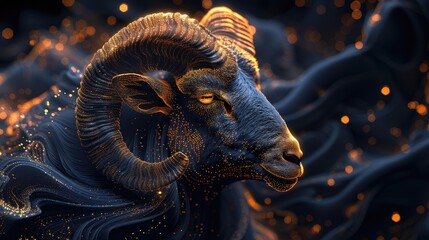 Obraz premium , sheep, ram, the long-range plan, Islam, minimalism, Ultra HD, fine details, color correction, background, dark background with gold