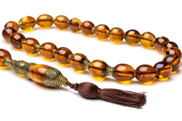 Islamic prayer beads in polished amber with intricate design on white background