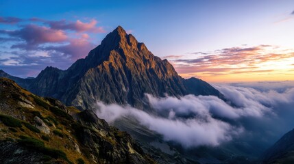 Majestic mountain peak illuminated by sunrise above dramatic clouds in an epic landscape view
