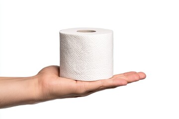 Fototapeta premium Holding a fresh roll of toilet paper with clear texture details, a daily essential for home use in a clean setting