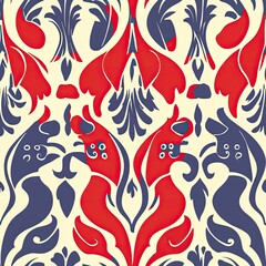 Abstract Red and Blue Floral Damask Pattern Design Elegant Vintage Textile Background