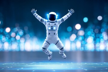 Astronaut Joyful Leap - A futuristic astronaut joyfully leaps against a blurred city lights backdrop. Space exploration, excitement, and technology
