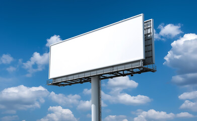 Obraz premium Large blank white billboard against a bright blue sky with scattered clouds. 