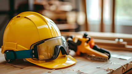 A close up of a yellow hard hat with safety goggles and a clamp on a wooden surface in a workshop