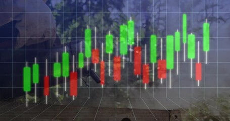 man cutting wood outdoors using power saw, displaying 3D candlestick finance chart floating overlay - Powered by Adobe