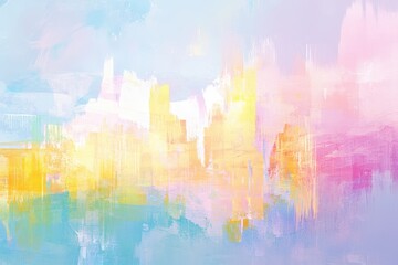 Abstract cityscape, pastel hues, soft textures.  A vibrant, dreamlike city scene rendered in a blend of pastel colors