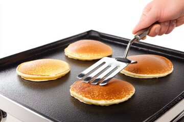 Cook flipping pancakes on a hot griddle with spatula, achieving perfect golden-brown surface