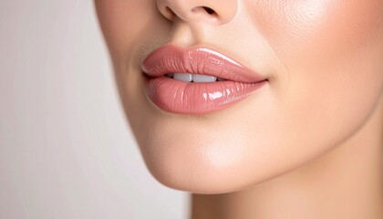 Obraz premium Beauty macro photo of full lips with clear gloss on a neutral background