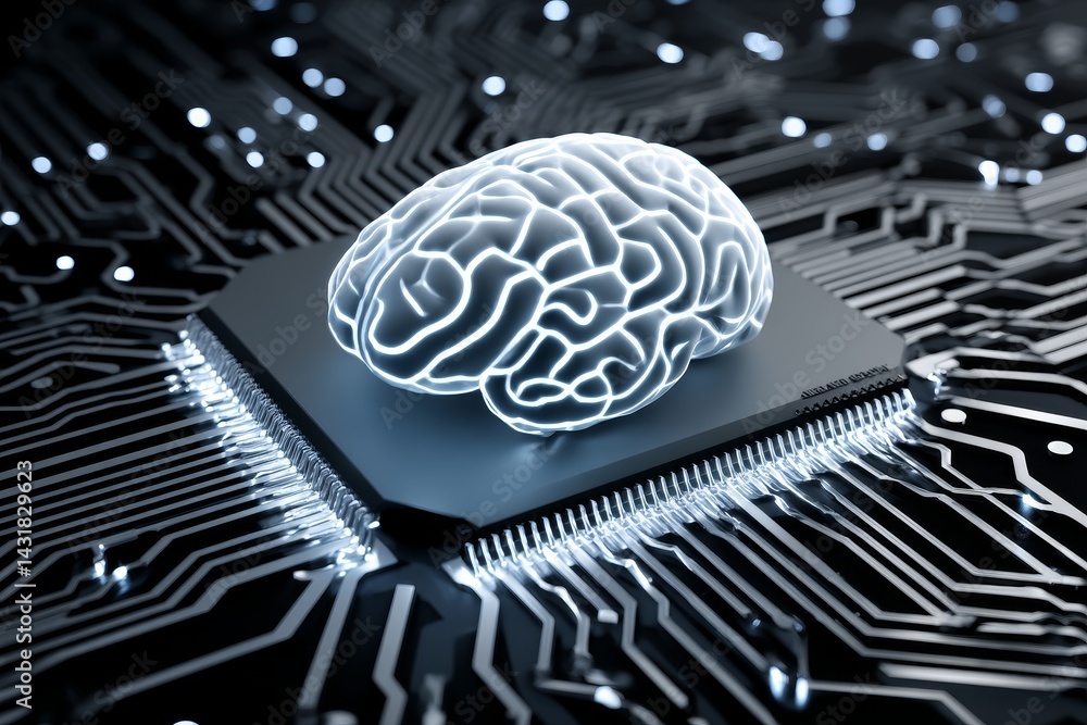 Poster brain on circuit board - a glowing brain rests atop a computer microchip, symbolizing artificial int